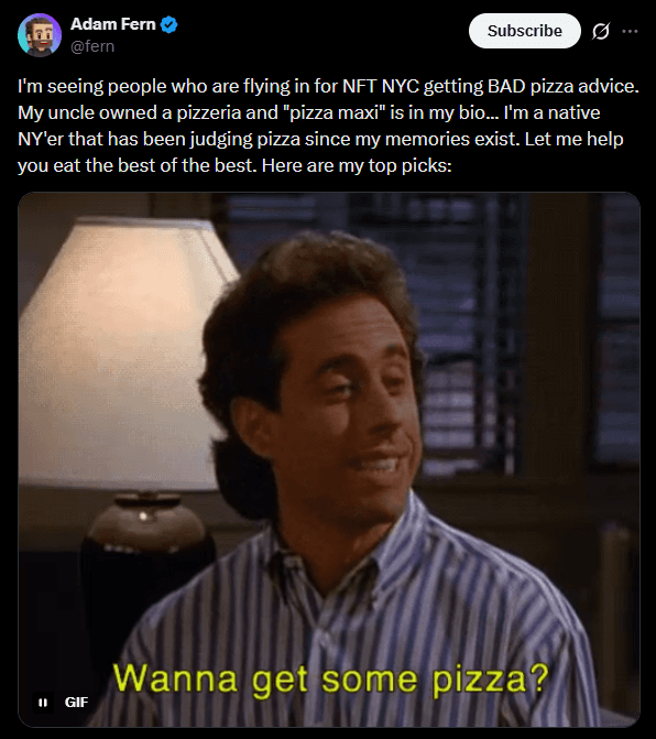 The tweet that started Fern's pizza recommendations