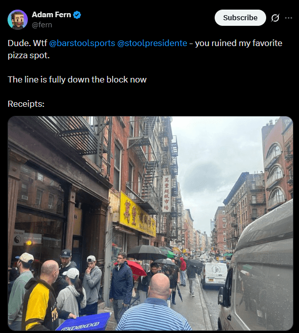 Fern calling out the line created by a Barstool pizza review